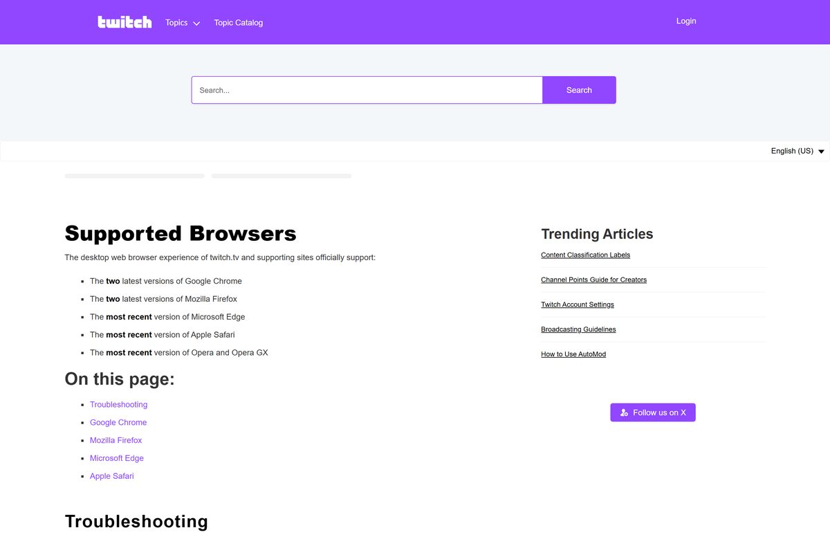 Twitch help page naming the browsers its desktop site supports