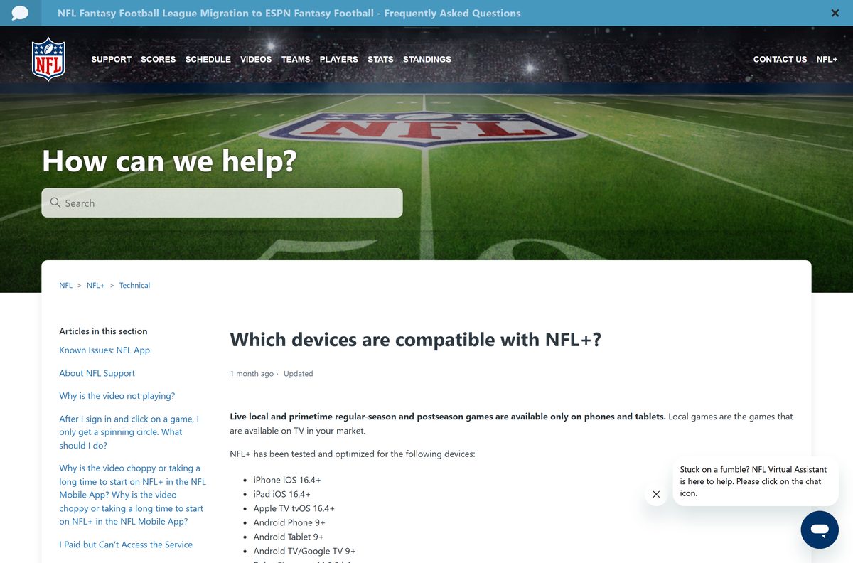 Help centre article listing compatible phones, tablets, consoles and smart TVs