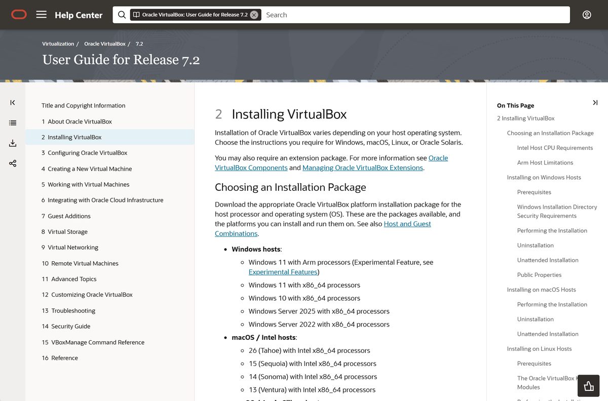 Oracle documentation listing supported Windows, macOS and Linux hosts for VirtualBox