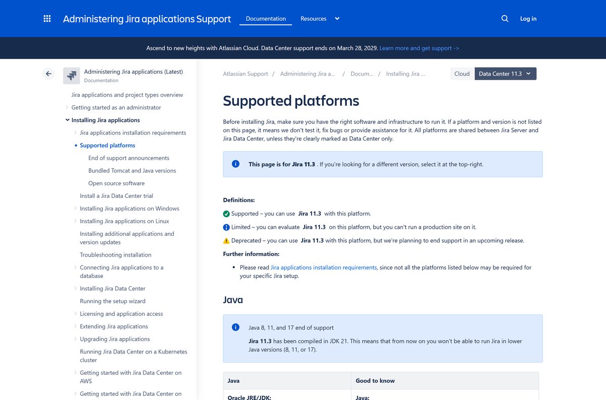Atlassian documentation table of supported platforms, browsers and Java versions