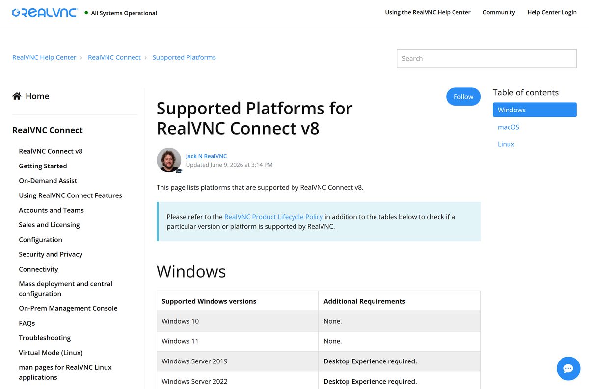 Supported platforms list for RealVNC Connect version 8