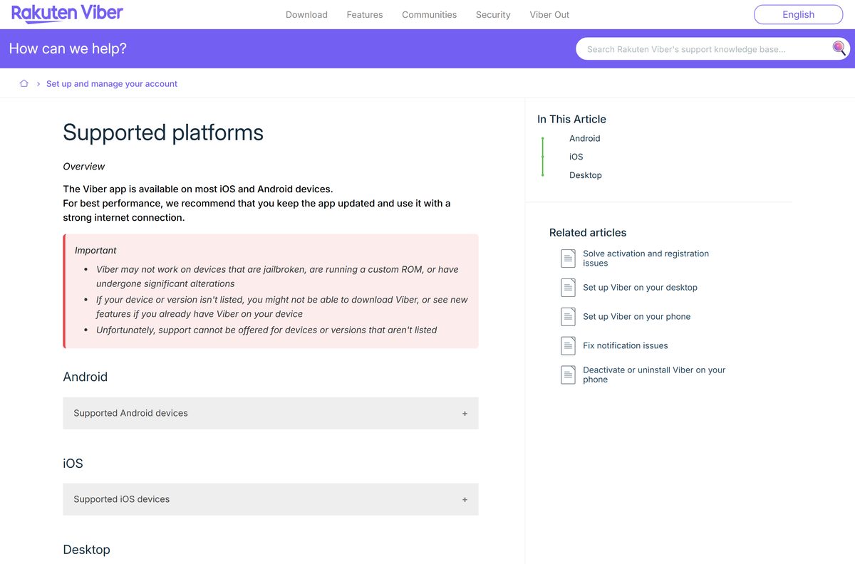 Support page listing supported desktop, Android and iOS system versions