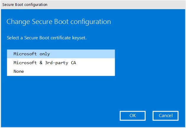 Surface Secure Boot configuration dialog with certificate keyset options