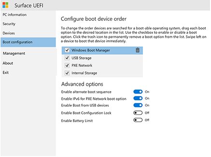 Surface UEFI Boot configuration page listing Windows Boot Manager and USB storage