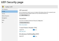 Surface UEFI Security page showing Secure Boot and TPM enabled