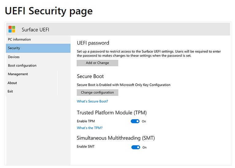 Surface UEFI Security page showing Secure Boot and TPM enabled