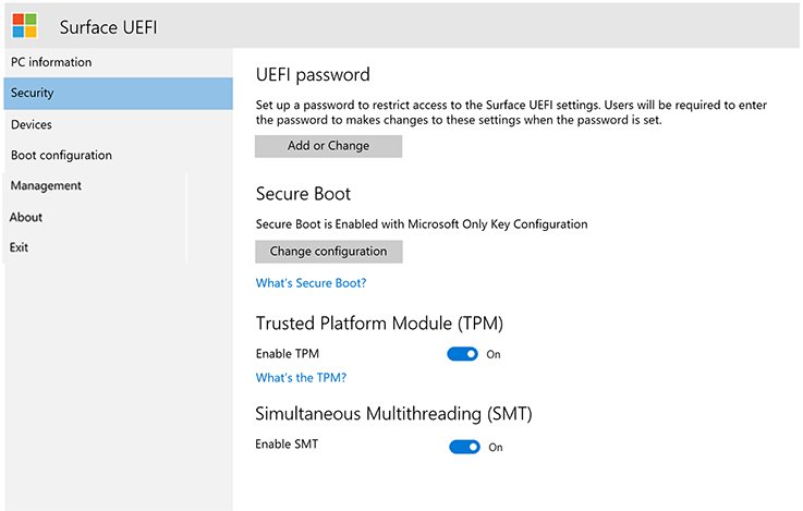 Surface UEFI Security page with password, Secure Boot, and TPM options