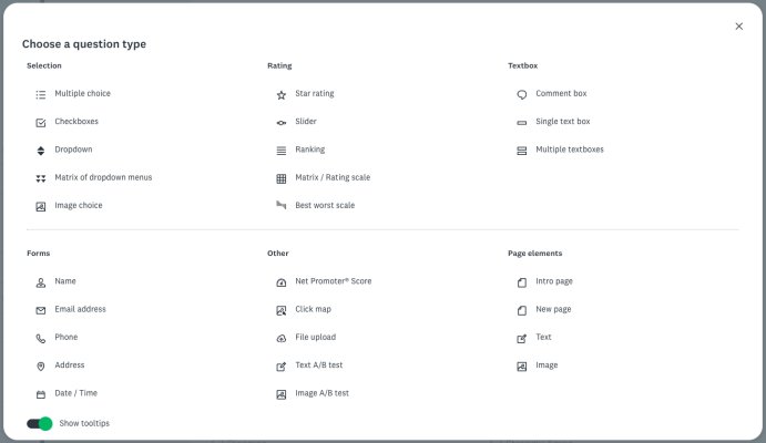 SurveyMonkey Choose a question type panel listing Selection, Rating and Textbox