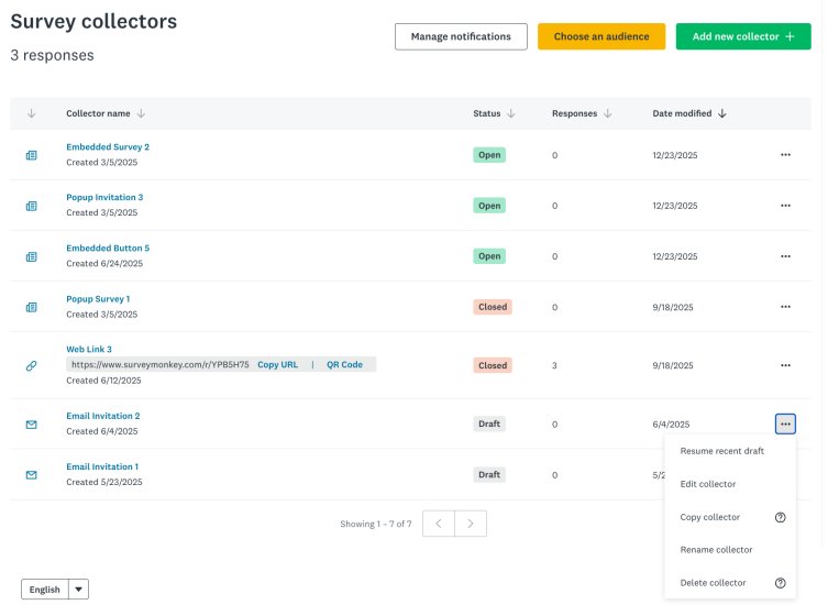SurveyMonkey Survey collectors list with Web Link and Email Invitation rows