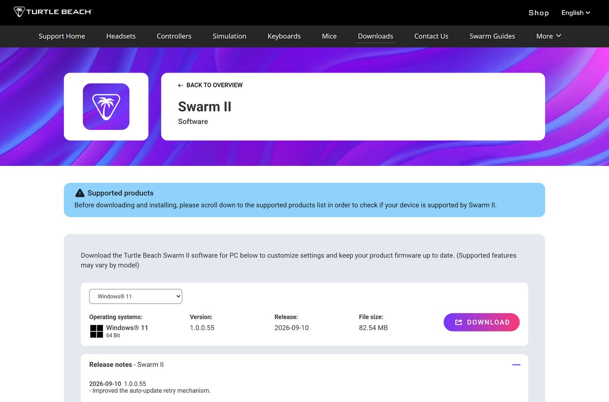 Support page listing the Swarm II software for newer Turtle Beach gear