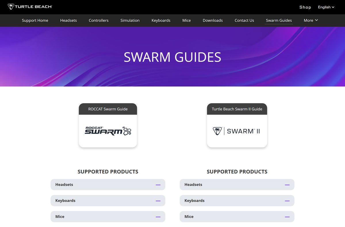 Turtle Beach guides page with ROCCAT Swarm supported product lists