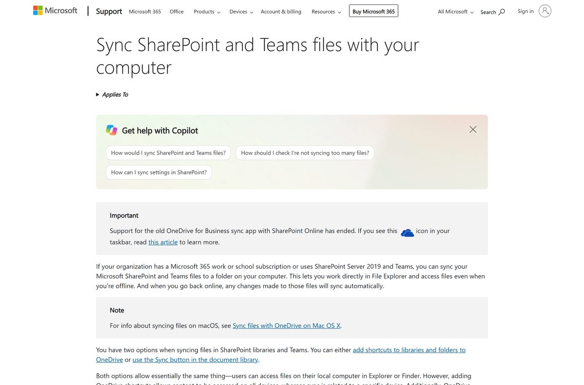 Microsoft support article on syncing team site files to a computer