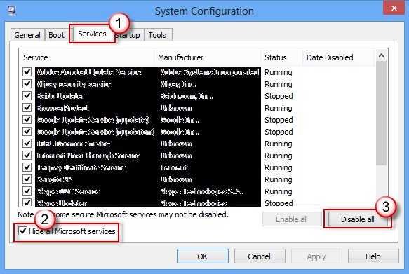 System Configuration Services tab with Hide all Microsoft services checked