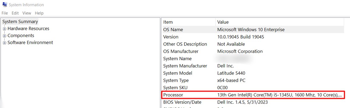System Information window with the Processor field highlighted in red
