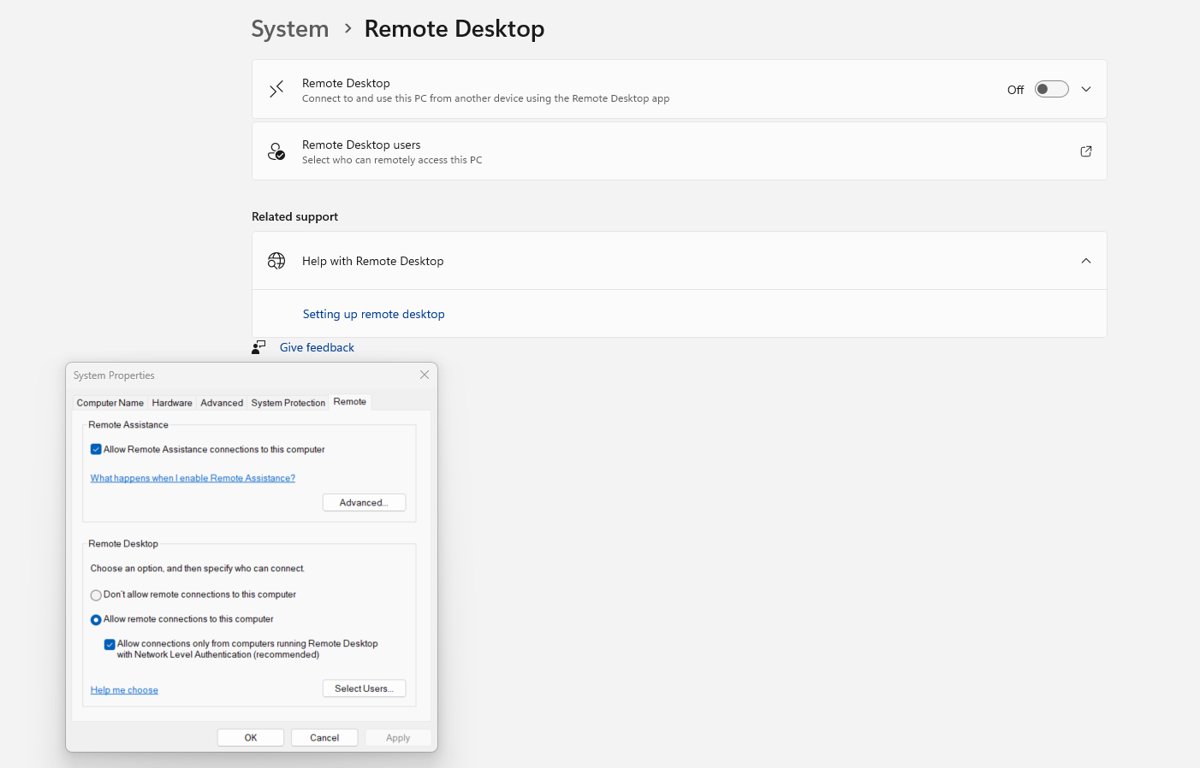 System Properties Remote tab with Network Level Authentication checkbox selected