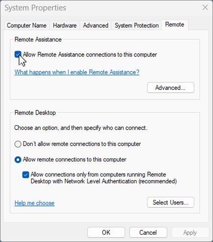 System Properties Remote tab with Remote Assistance connections enabled
