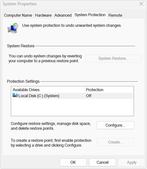 System Properties dialog open on the System Protection tab