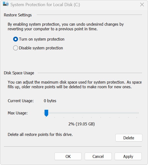 System Protection for Local Disk C dialog with Turn on system protection selected
