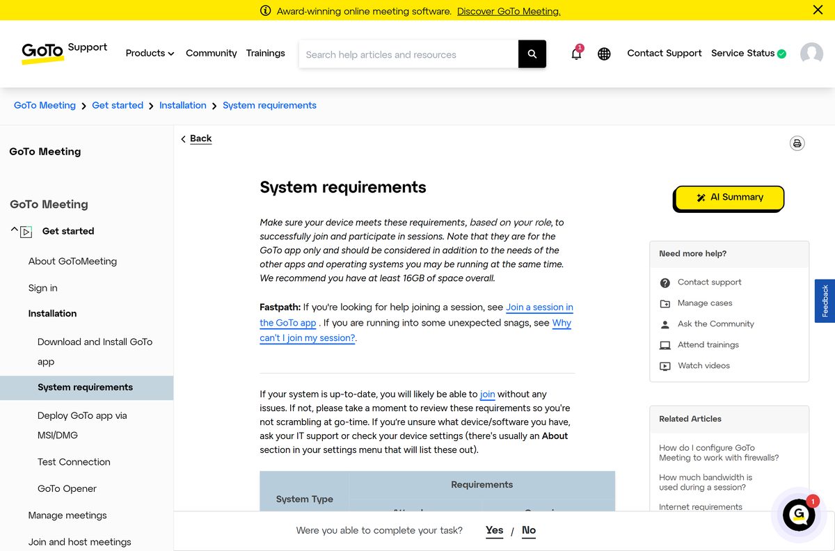 GoTo support table listing operating systems, browsers, memory and bandwidth