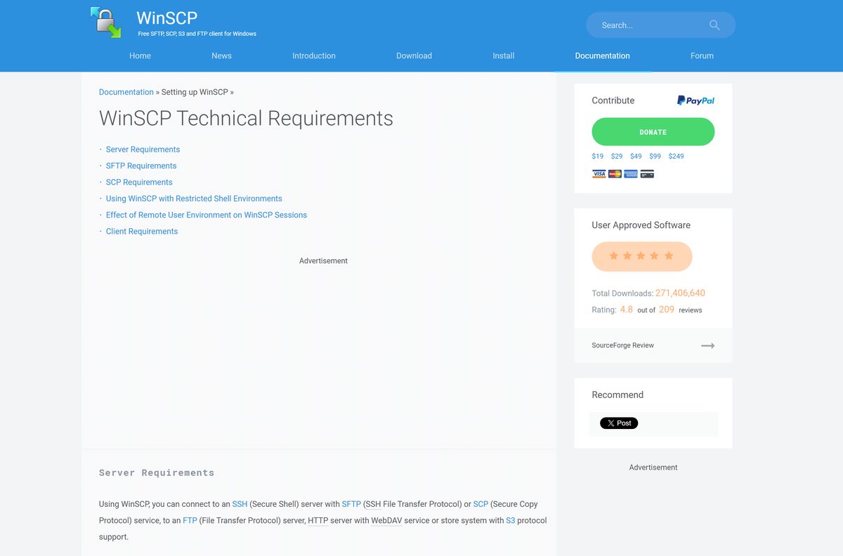 WinSCP technical requirements page listing supported Windows versions