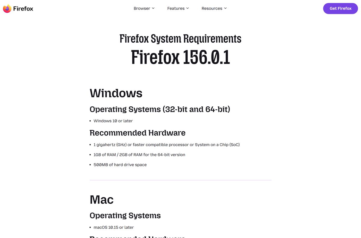 Requirements page listing Windows, macOS and Linux minimums