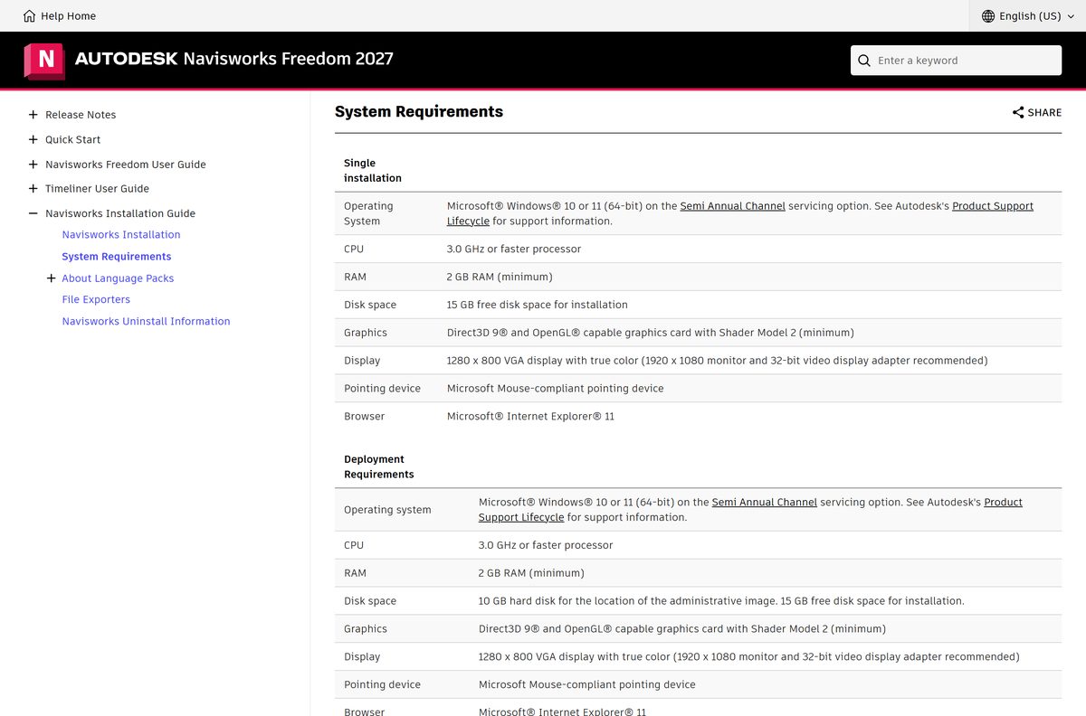 Autodesk requirements page listing processor, memory and graphics minimums