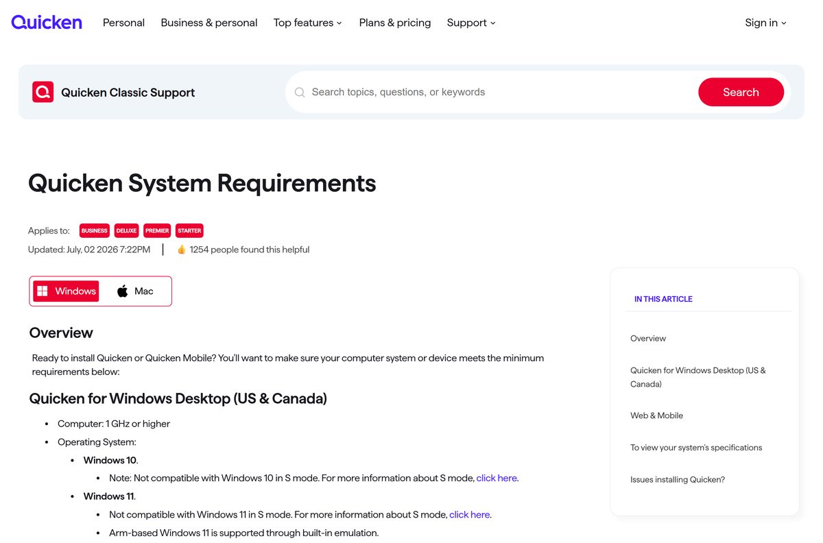 Quicken support page listing Windows and Mac hardware and software requirements