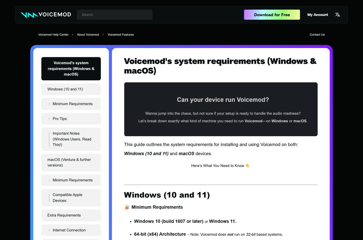Voicemod system requirements page for Windows and macOS