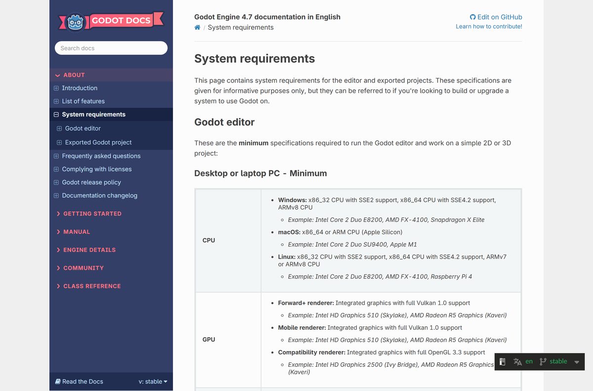 Godot Engine documentation listing minimum and recommended system requirements