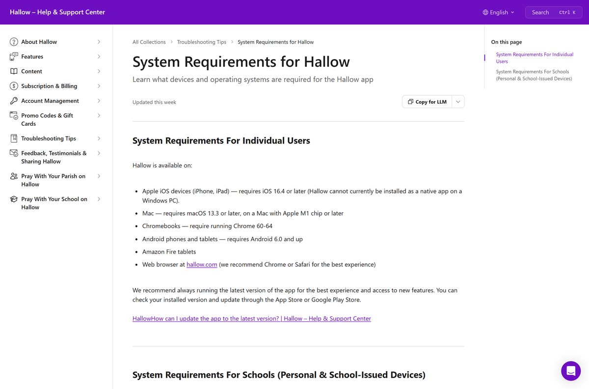 Hallow help page listing supported devices and minimum versions