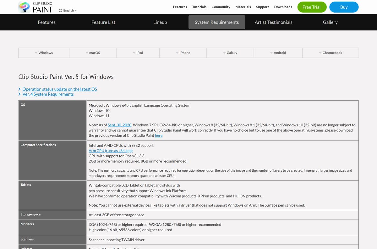 System requirements table listing supported Windows and macOS releases