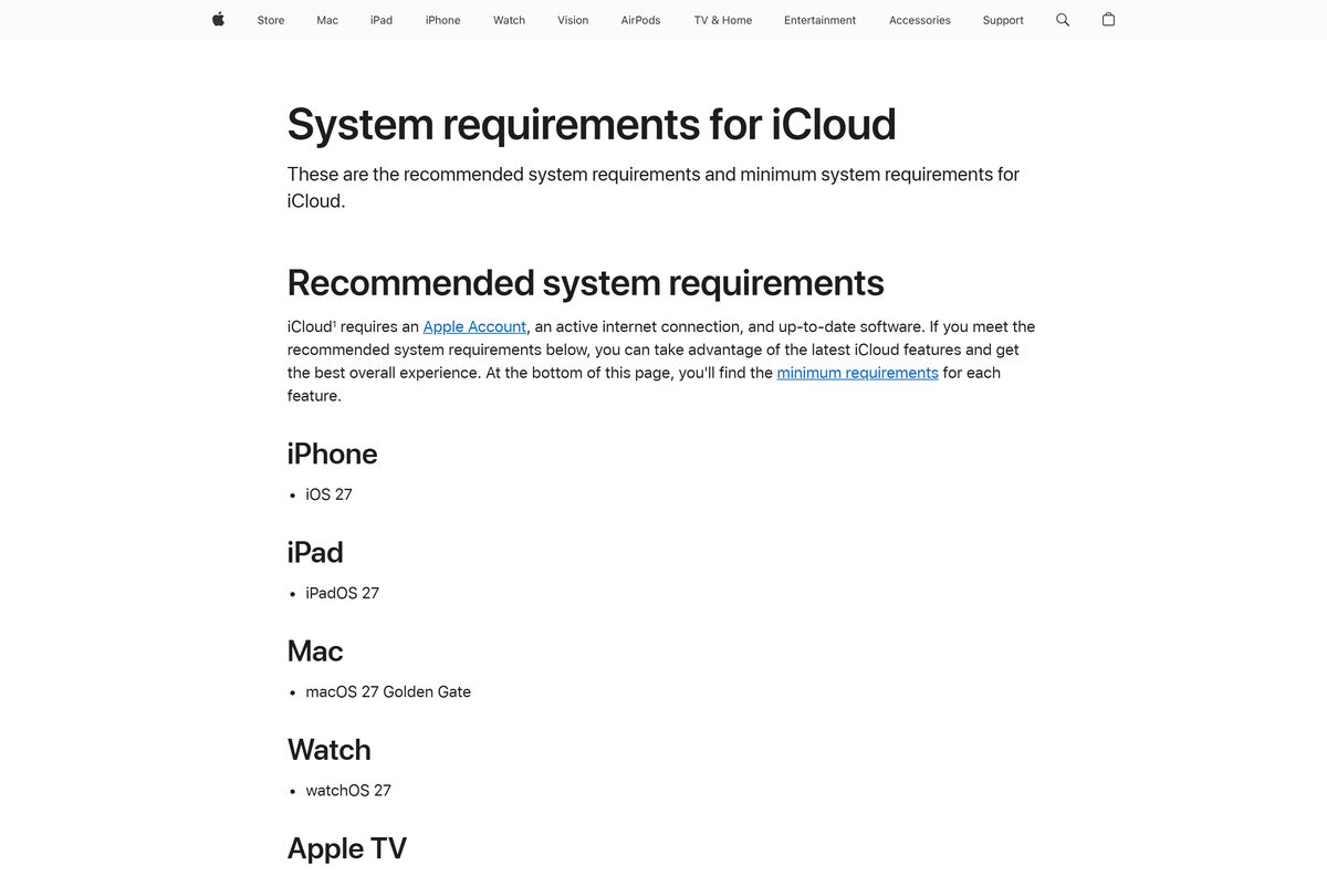 Apple support page listing supported browsers for iCloud on a PC