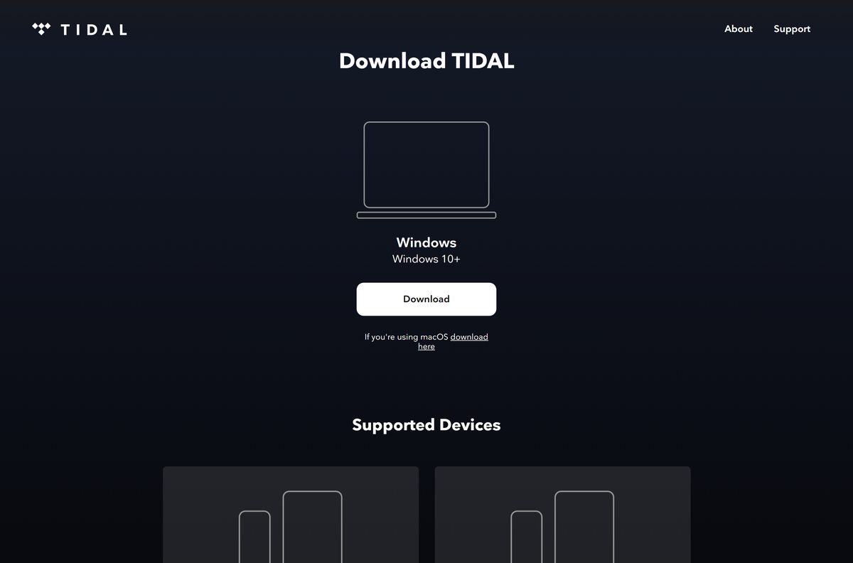 TIDAL download page with the Windows button and macOS link