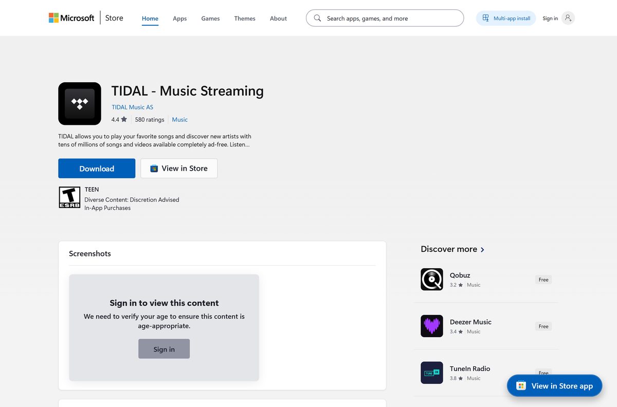 Microsoft Store listing for TIDAL with its publisher and rating