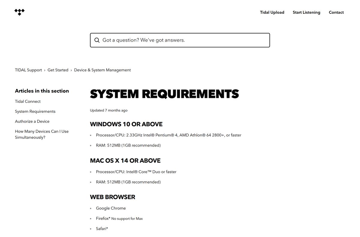 Support page listing the supported Windows and macOS versions