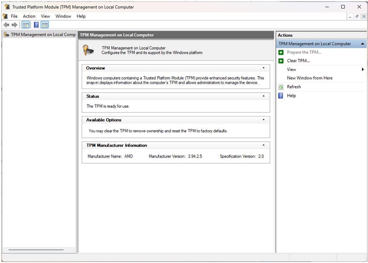 TPM Management console showing TPM ready for use and Specification Version 2.0