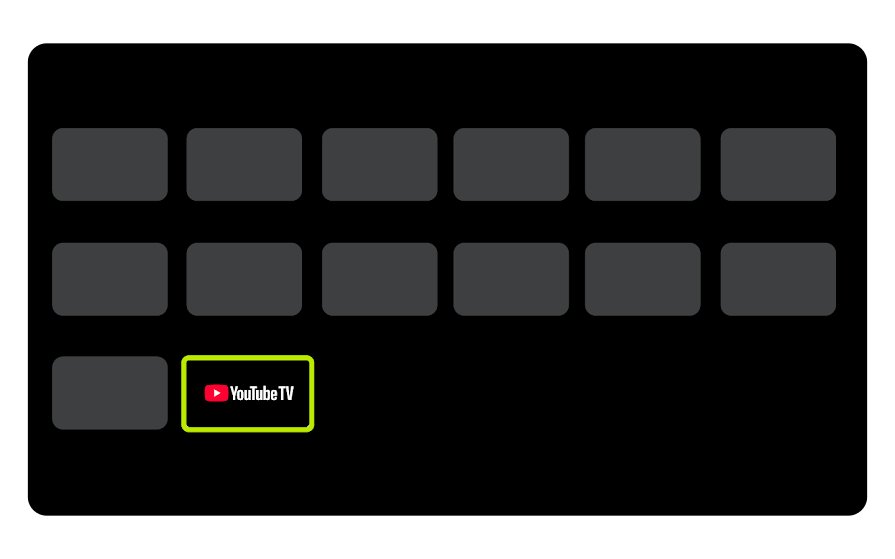 TV app grid with the YouTube TV tile highlighted in green