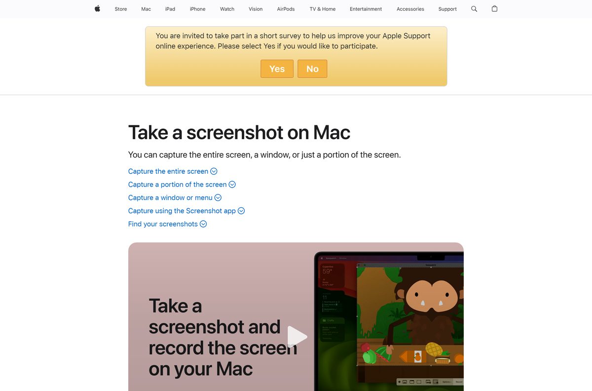 Apple support page listing the Mac screenshot keyboard shortcuts