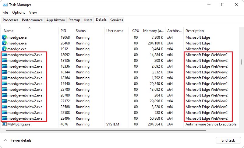 Task Manager Details tab listing many msedgewebview2.exe processes with memory use