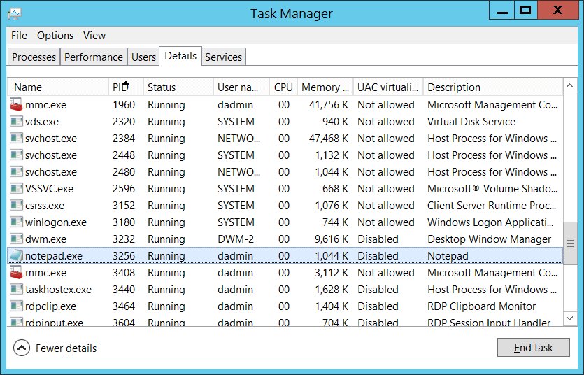 Task Manager Details tab listing two running mmc.exe processes