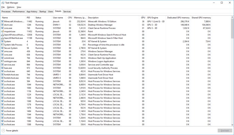 Task Manager Details tab with dedicated and shared GPU memory columns