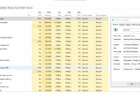 Task Manager Details tab with the dwm.exe Properties dialog open