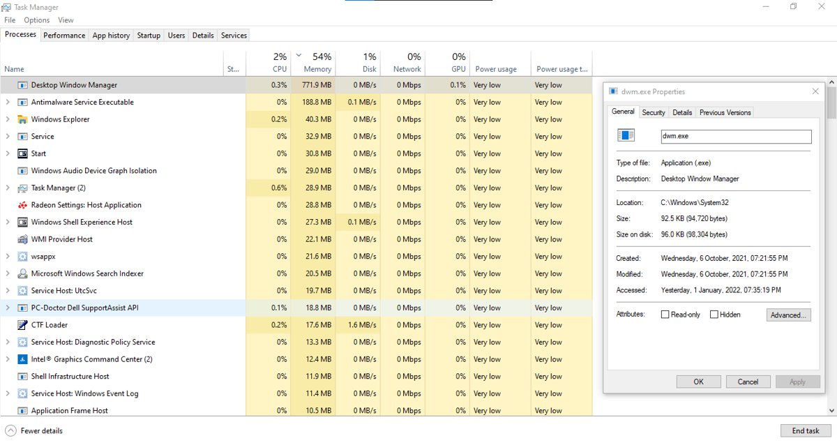 Task Manager Details tab with the dwm.exe Properties dialog open