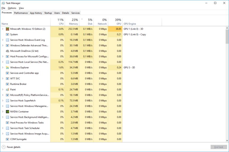 Task Manager Processes tab GPU column showing Minecraft using GPU 1 for 3D