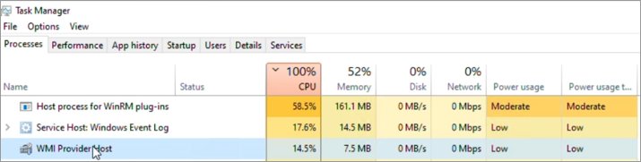 Task Manager Processes tab listing WMI Provider Host among running processes