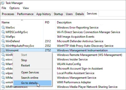 Task Manager Services tab with Winmgmt right-click menu open