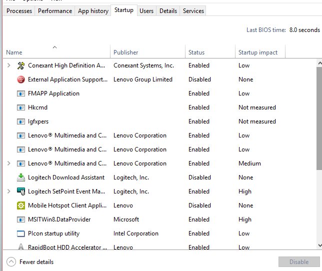Task Manager Startup tab listing apps with their startup impact