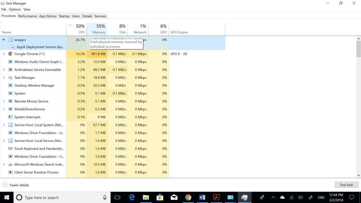 Task Manager with wsappx expanded showing AppX Deployment Service using CPU