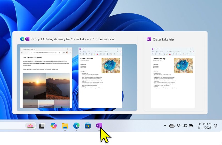 Taskbar hover preview of a saved Snap group with two windows