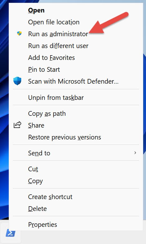 Taskbar icon right-click menu with Run as administrator highlighted